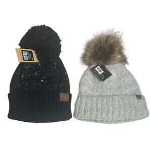 New Women’s Knit Beanie w/Faux Fur Pom & C.C. Knit Black Sequin Yarn Pom Beanie